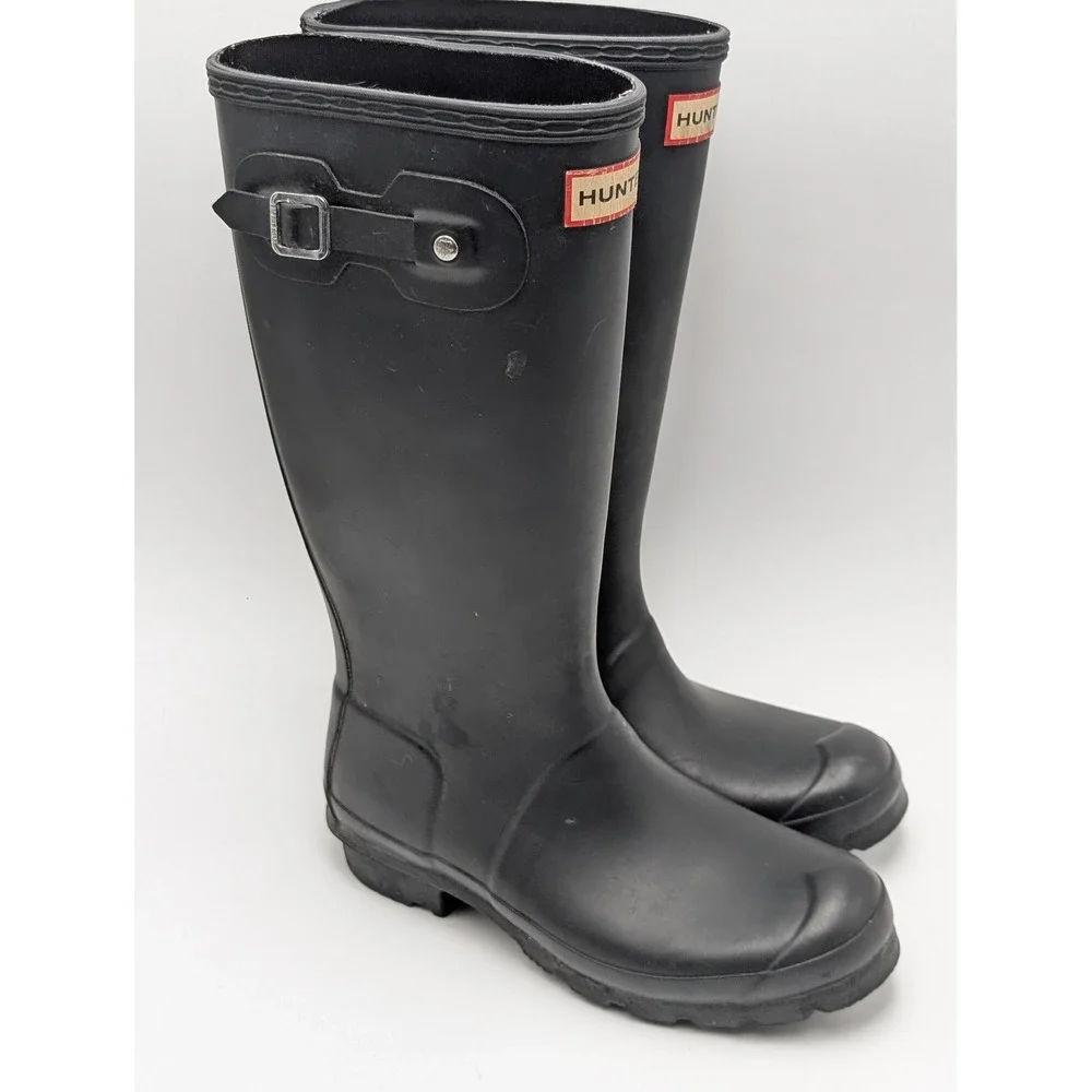 Hunter Rain Boots Women 5 Black Original Tall Matte Waterproof Rubber Buckle